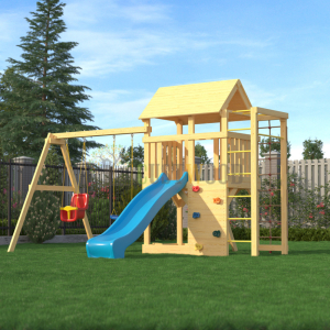 Детская деревянная игровая площадка для улицы дачи CustWood Scout S4+ с большой деревянной крышей